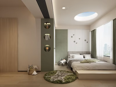 Modern Tatami Bedroom Interior Design With Round Skylight Decorative Wall And Green Rug 3d model