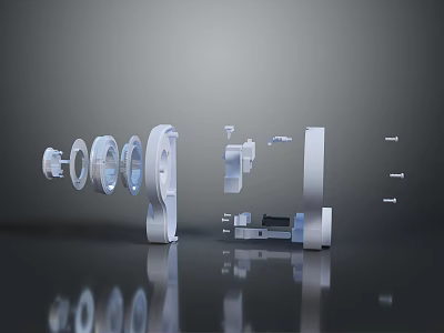 Silver Metal Mechanical Parts With Circular Square And Cylindrical Structures On Dark Reflective Surface 3d model
