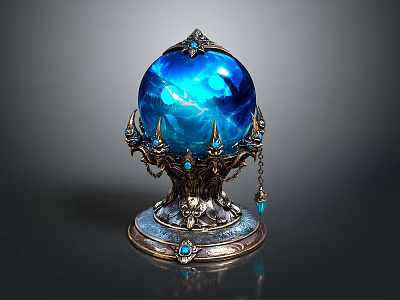 Blue Enchanted Crystal Ball With Intricate Metallic Base Ornate Gemstones And Chains 3d model