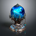 Blue Enchanted Crystal Ball With Intricate Metallic Base Ornate Gemstones And Chains