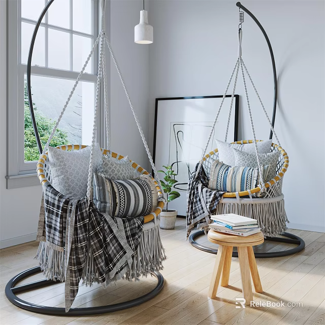 Indoor Hanging Chairs with Striped Pillows Blanket Tassel Decor and Wooden Stool 3d model 