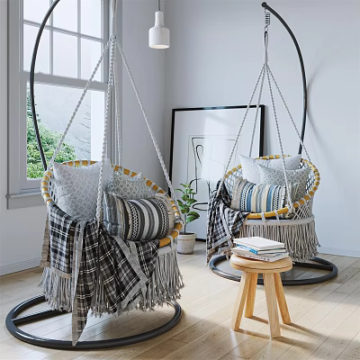 Indoor Hanging Chairs with Striped Pillows Blanket Tassel Decor and Wooden Stool 3d model