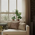 Living Room With Floral Wallpaper White Sofa Dark Cabinet Round Coffee Table And Potted Plants