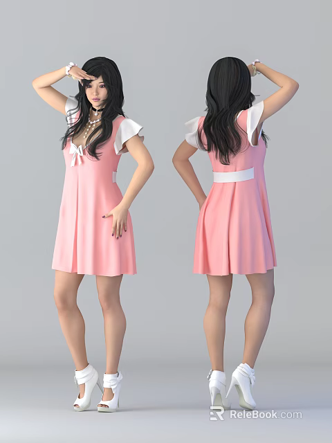 Woman Wearing Pink Dress With White Sleeves Belt And Bow Front Back View 3d model 