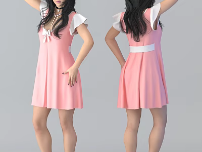 Woman Wearing Pink Dress With White Sleeves Belt And Bow Front Back View 3d model