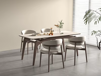 Modern Wooden Dining Table Set With Upholstered Chairs And Decorative Vase In Minimalist Room 3d model
