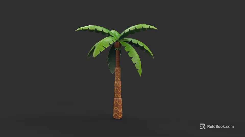Detailed Plant Painting of Palm Tree with Green Leaves and Patterned Trunk on Dark Background 3d model 