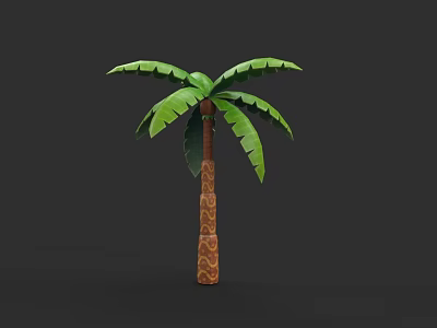 Detailed Plant Painting of Palm Tree with Green Leaves and Patterned Trunk on Dark Background 3d model