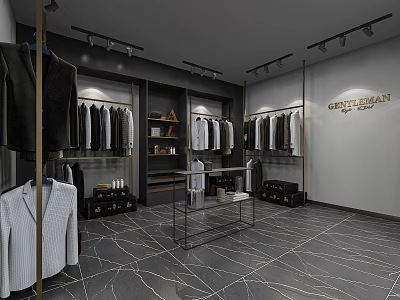 Elegant Men's Clothing Store With Hanging Suits Shirts Display Racks And Spotlighting 3d model