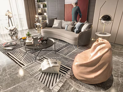 Modern Gray Sofa Coffee Table Combination with Plush Pillows on Geometric Pattern Rug and Bean Bag Chair 3d model