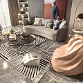 Modern Gray Sofa Coffee Table Combination with Plush Pillows on Geometric Pattern Rug and Bean Bag Chair