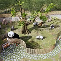 Panda Park Landscape With Large Tree Wooden Fence Stone Path And Visitors