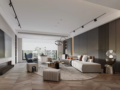 Open Concept Modern Living and Dining Room Interior with Sofa Coffee Table and Area Rug 3d model