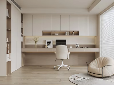 Modern Home Office Interior Design With Desk Office Chair Bookshelf And Floor To Ceiling Window 3d model