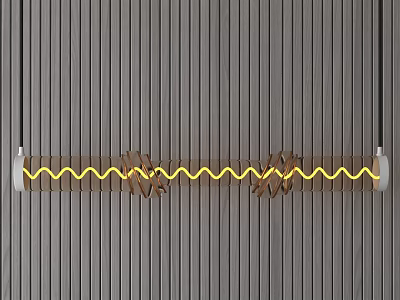 Modern Long Brown Chandelier With Yellow Wavy Light Strip White Fixtures And Decorative Elements 3d model