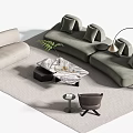 Gray L Shaped Sofa with Cushions and Marble Coffee Table Set with Carpet and Plant