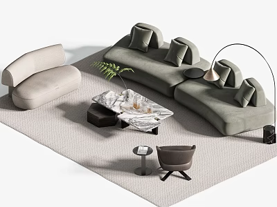 Gray L Shaped Sofa with Cushions and Marble Coffee Table Set with Carpet and Plant 3d model