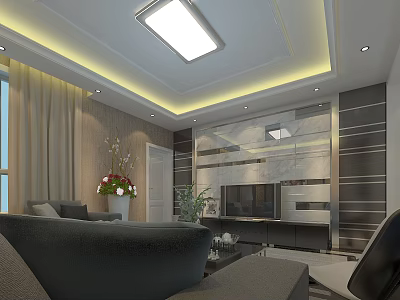Modern Comfortable Living Room With Marble TV Wall Soft Sofas And Warm Stylish Ceiling Lighting 3d model