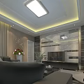 Modern Comfortable Living Room With Marble TV Wall Soft Sofas And Warm Stylish Ceiling Lighting