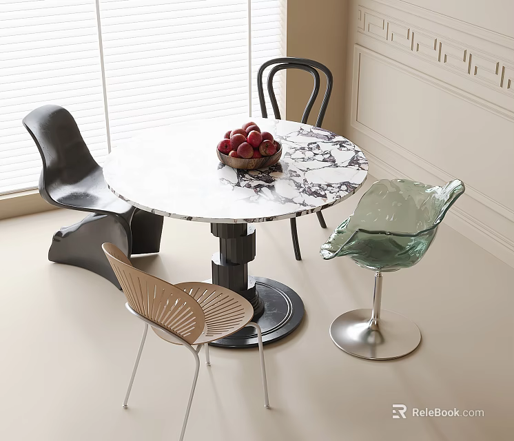 Modern Round Marble Top Table Chair Set With Fruit Bowl And Mixed Material Chairs 3d model 