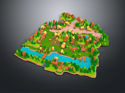 3D Cartoon Island Community With Small Houses Trees Lake And Green Spaces 3d model
