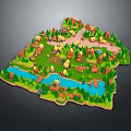 3D Cartoon Island Community With Small Houses Trees Lake And Green Spaces