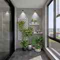 Modern Home Balcony with Washing Machine Cabinet Sink Blinds and Large Windows