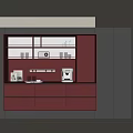Modern Red Sideboard With Warm Yellow Lighting Coffee Machine Glasses And Dark Walls
