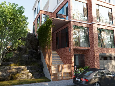 Detached Villa With Red Brick Exterior Large Glass Windows Vines Stone Steps And Rock Features 3d model