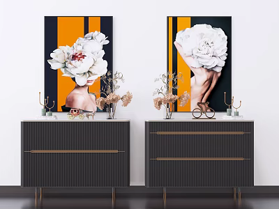 Modern Dark Sideboard With Gold Accents Decorative Items And Wall Art 3d model