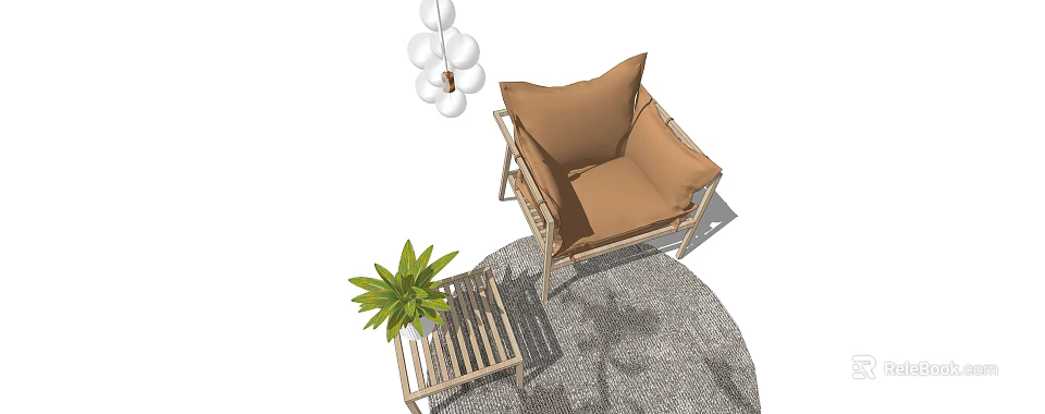 Comfortable Leisure Chair With Wooden Frame Brown Cushion Side Table Green Plant And Round Rug 3d model 