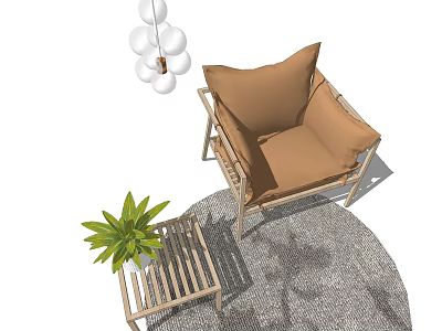 Comfortable Leisure Chair With Wooden Frame Brown Cushion Side Table Green Plant And Round Rug 3d model