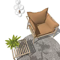 Comfortable Leisure Chair With Wooden Frame Brown Cushion Side Table Green Plant And Round Rug