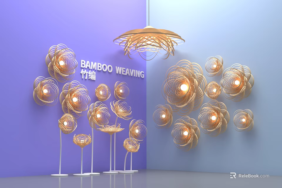 Bamboo Weaving Floral Art Installation With Flower Shaped Structures And Pendant Light 3d model 