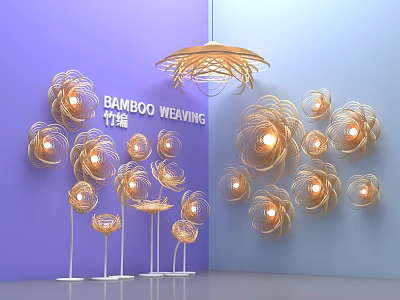 Bamboo Weaving Floral Art Installation With Flower Shaped Structures And Pendant Light 3d model