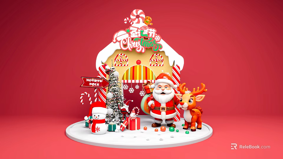 Festive Christmas Art Installation Featuring Gingerbread House Santa Claus Reindeer Tree And Gifts 3d model 