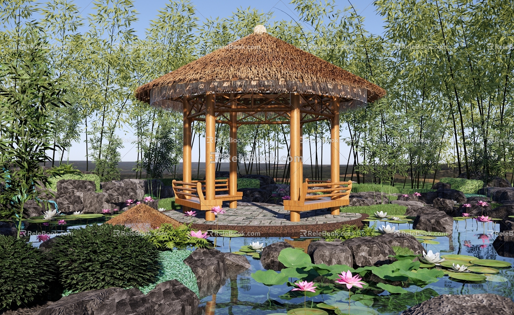 New Chinese-style Landscape Park Thatch Rest Pavilion Water Recreation Corridor Chinese-style Lotus Pond Fake Mountain and Water Combination Chinese-style Garden Bamboo Forest Park 3d model