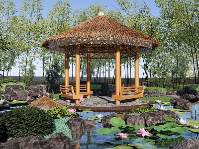 New Chinese-style Landscape Park Thatch Rest Pavilion Water Recreation Corridor Chinese-style Lotus Pond Fake Mountain and Water Combination Chinese-style Garden Bamboo Forest Park 3d model