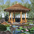 Scenic Park Landscape With Bamboo Thatched Pavilion Lotus Pond And Stone Benches