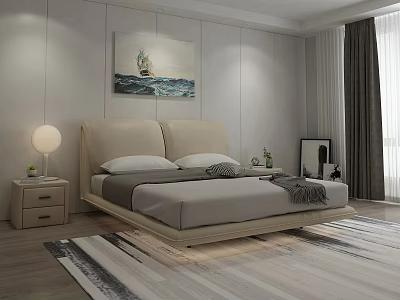 Double Bed Bedroom Interior With Beige Headboard Grey Mattress Nightstand Lamp Sailing Boat Painting And Striped Rug 3d model