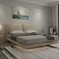 Double Bed Bedroom Interior With Beige Headboard Grey Mattress Nightstand Lamp Sailing Boat Painting And Striped Rug