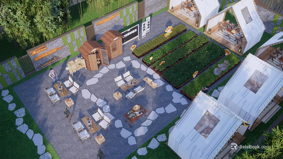 Scenic Camping Site With Tents Outdoor Seating Stone Pathways And Garden Beds 3d model 