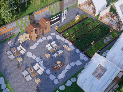 Scenic Camping Site With Tents Outdoor Seating Stone Pathways And Garden Beds 3d model