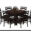 Classic Wooden Dining Table Set With Six Chairs And Flower Centerpiece