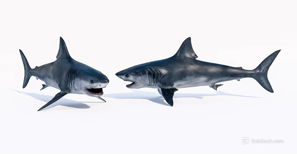 Two Powerful Sharks Facing Each Other With Open Mouths And Sharp Teeth 3d model 
