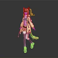Cute Child In Anime Style With Pink Hair Pigtails Fox Ears Tail And Sneakers