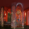 Warm Restaurant Interior With Red Curved Wall Small Lights Bar Counter And High Stools