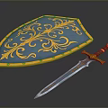 Blue and Gold Decorative Shield and Sword as Medieval Weapons with Ornate Patterns