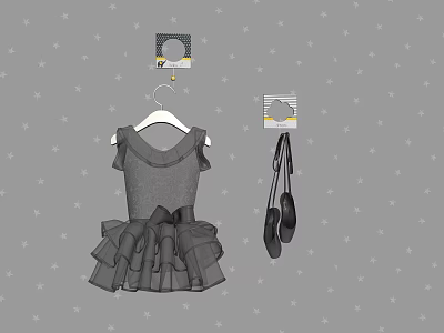 Gray Ballet Dress On Hanger With Black Ballet Shoes And Star Patterned Background 3d model