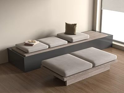 Gray Bench With Pillow Tray Of Books On Wooden Floor By Window 3d model